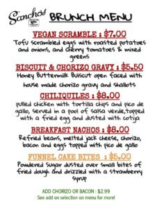 Sanchos Sunday Brunch Food Menu